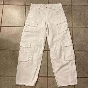 Zara Women’s Denim Baggy Cargo Jeans 6 Big Pockets White